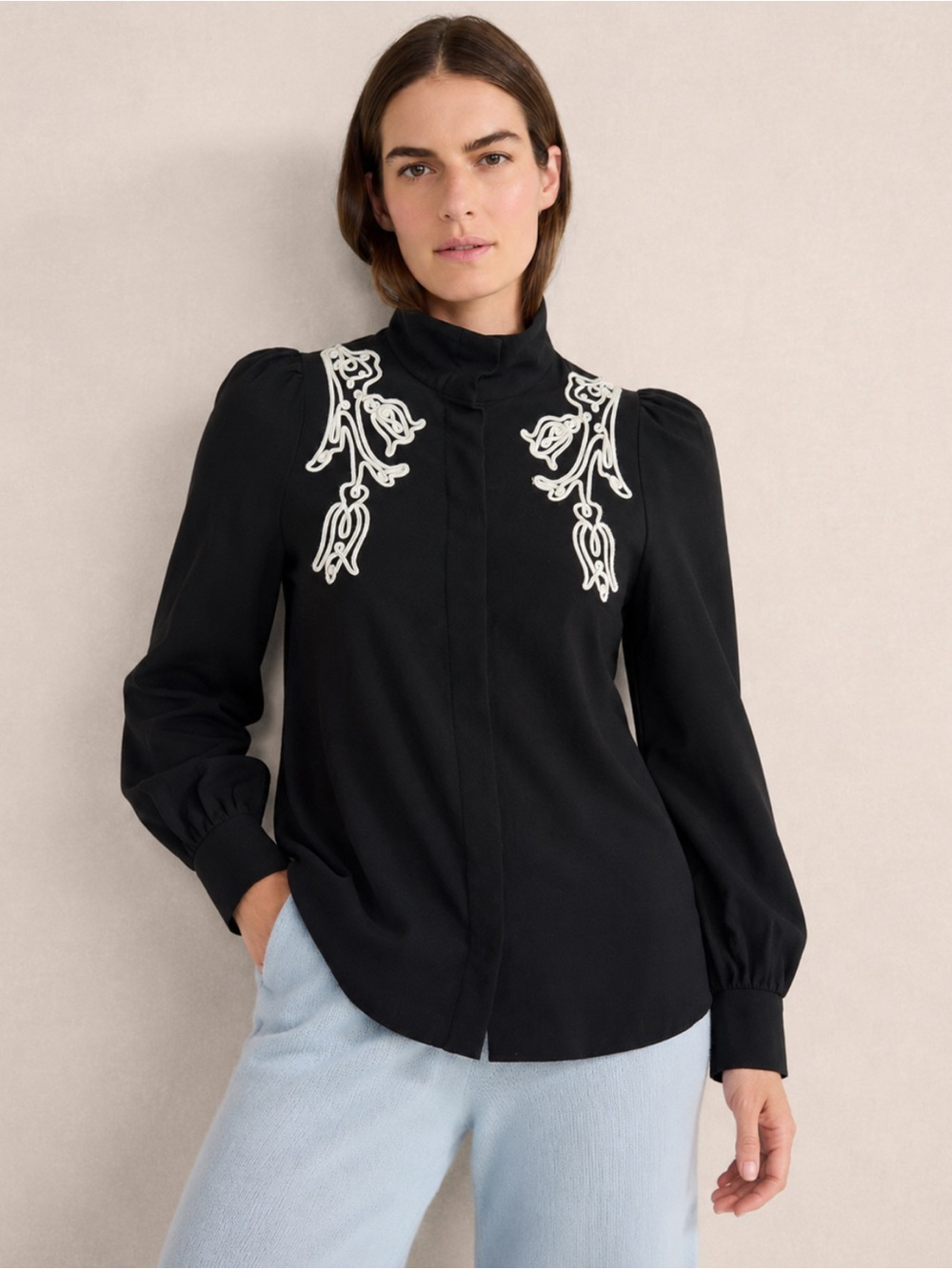 & Other Stories Blouse Black with White Applique Size 4 Wool Blend Boho Coastal